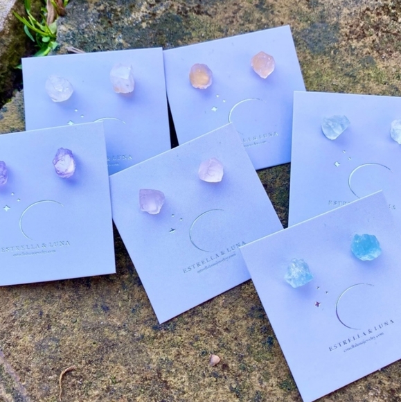 Raw Moon Stone Stud Earrings - Picture 2 of 3